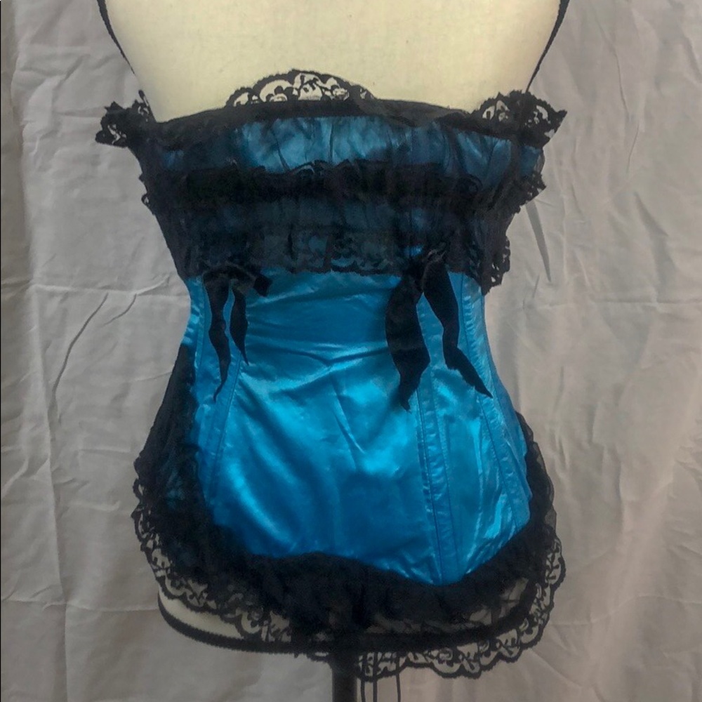 Blue satin and black lace corset size 26
